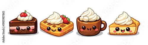 Chocolate cake waffle mug and pie lined up on gray background