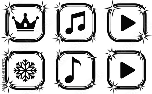 Premium multimedia and entertainment icon set featuring crown music notes play buttons and snowflake in sparkling decorative square frames