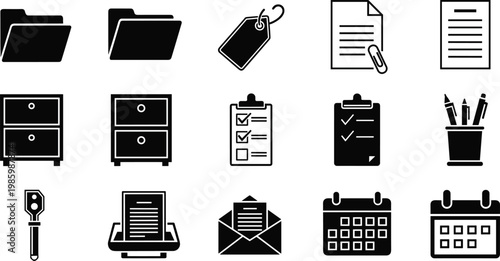 Office management and stationery solid icon set featuring file folders document cabinets clipboards paper envelopes and calendar planners