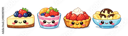 Cheesecake parfait tart and banana bowl arranged on gray background