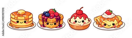 Stacked pancake, berry waffle, ice cream and crepe on tabletop