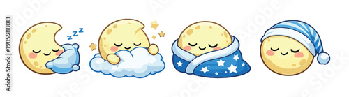 Four sleeping moon characters with pillows and nightcap on dark
