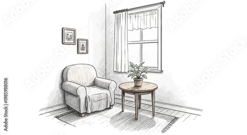 Cozy room interior with armchair, table, and window illustration.