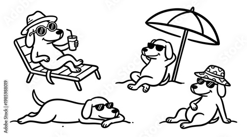 Black and White Line Art Dogs Enjoying Beach Vacation