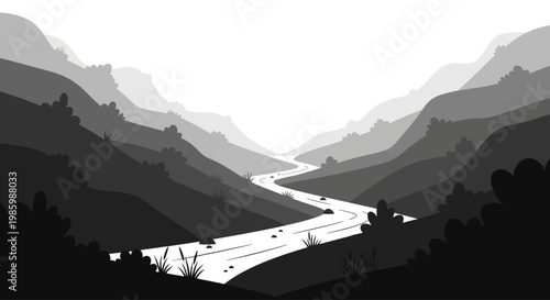 Monochromatic mountain river valley with rolling hills and sparse vegetation.