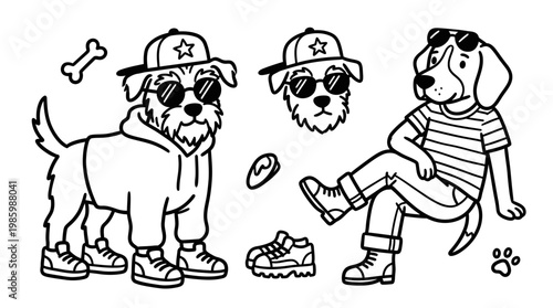 Black and White Line Art Dogs Wearing Sunglasses and Hats, Vector