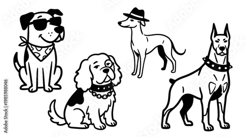 Cartoon black and white line art dogs, cute, playful, vector