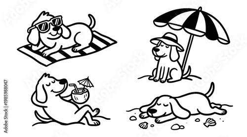 Adorable Black and White Line Art Dogs Enjoying Beach Vacation