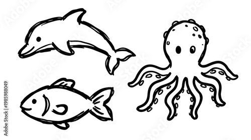 Black and White Line Art of Dolphin, Fish, and Octopus