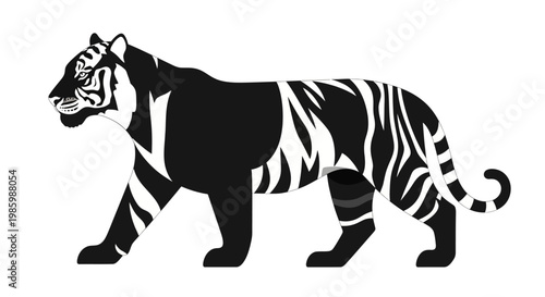 Stylized black and white tiger walking, isolated on a clean white background.