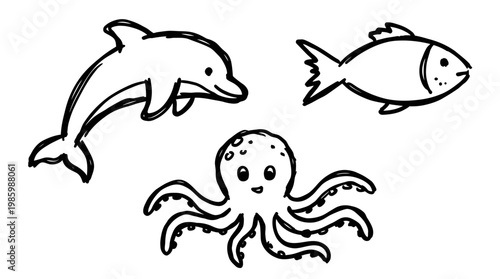 Cute Black and White Line Art Dolphin Fish Octopus