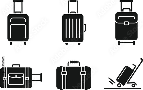 Professional travel luggage icon set featuring various suitcases rolling bags trolley cases and heavy travel trunks for tourism