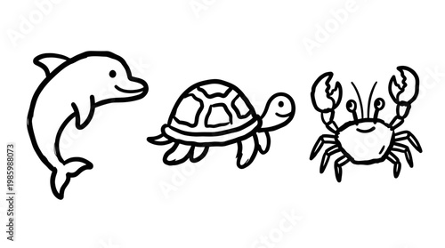 Marine nature black and white line art doodle of ocean animals dolphin sea turtle and crab