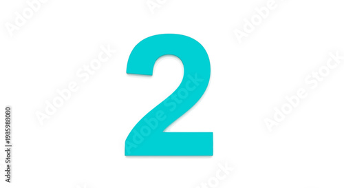 Bright Teal Number Two with Shadow on White Background