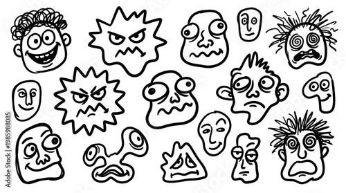 Black and White Line Art of Cartoon Monsters and Faces
