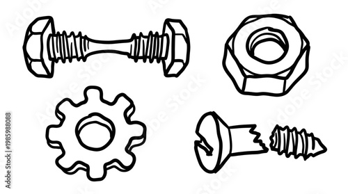 Black and White Line Art Icons of Nuts, Bolts, Washer, and Broken Screw