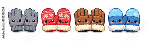Four pairs of smiling mittens and gloves on gradient background