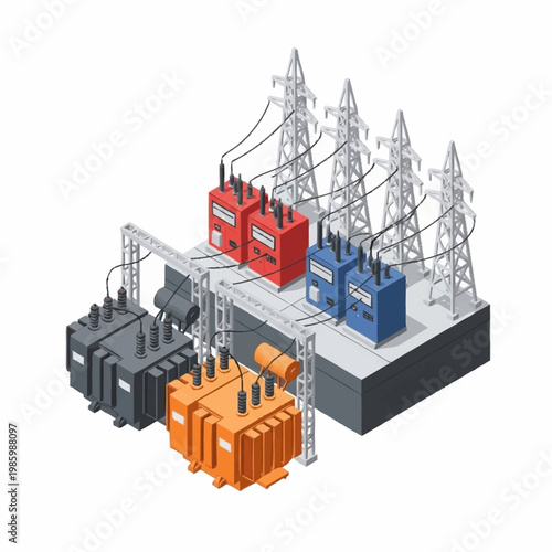 Electrical substation with transformers and power lines.