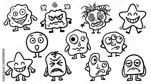 Black and White Line Art of Cartoon Monsters with Different Emotions