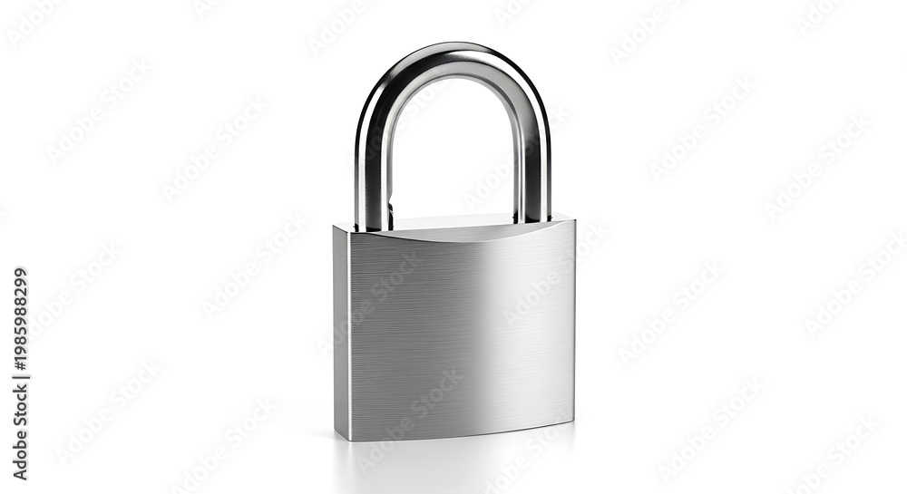 Naklejka premium A shiny silver padlock with its shackle closed, isolated on a white background.