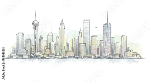 Hand Drawn City Skyline Illustration with Watercolor Details and Prominent Towers