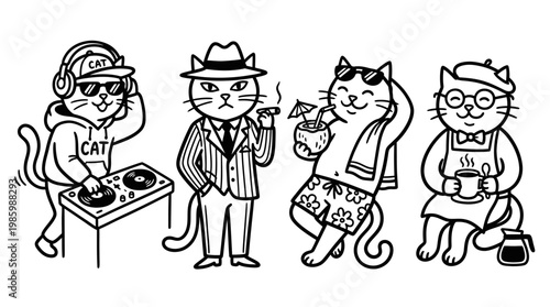 Cute Cartoon Cats in Various Outfits - Line Art