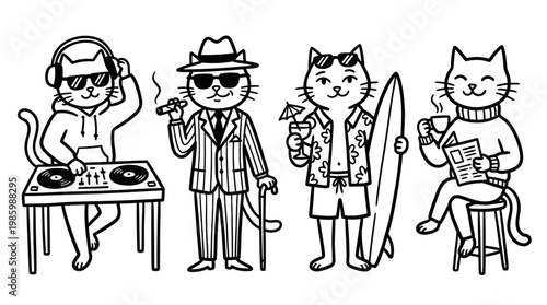 Black and White Line Art Cute Cats DJ, Gangster, Surfer, Reader