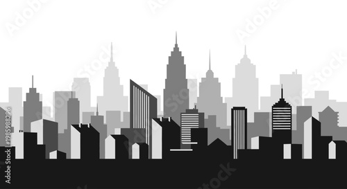 Monochromatic cityscape silhouette with overlapping buildings.