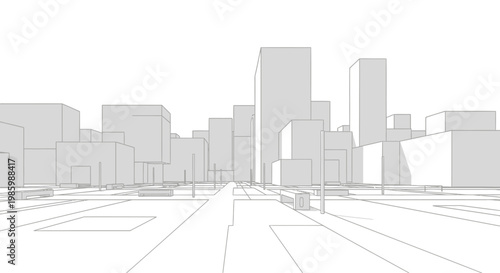 Architectural sketch of a city skyline with buildings and street elements.