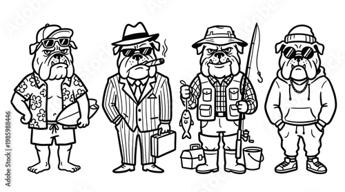 Black  White Line Art Dogs: Surfer, Businessman, Fisherman, Rapper