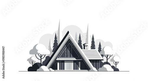 Modern A-frame house illustration in a serene forest setting.