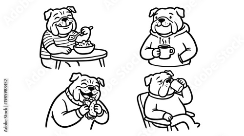 Cute Bulldog Eating and Drinking Black and White Line Art