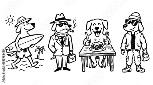 Funny Dogs in Different Outfits: Surfer, Businessman, Eater, Hiphop