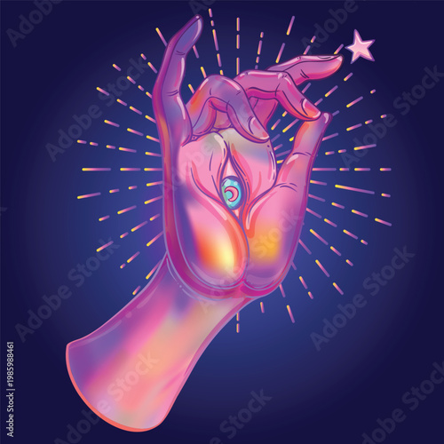 Lord Buddha hand with all-seeingl eye. Psychedelic colors. Hand drawn illustration. Invitation element. Astrology, alchemy, occult and magic symbol. Abstract cosmic background with stars..
