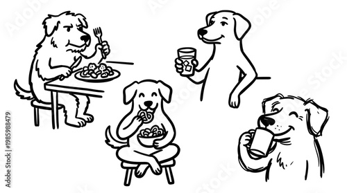 Pet lifestyle black and white line art cartoon dogs eating and drinking