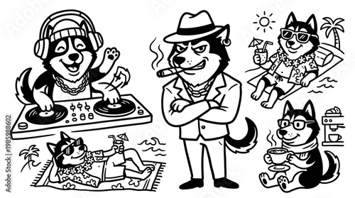 Black  White Line Art Husky Dogs in Various Activities