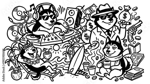 Black  White Line Art Husky Dogs DJing, Relaxing, and Making Money