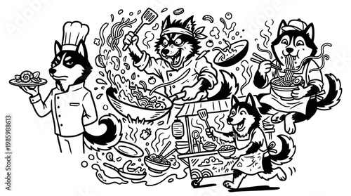 Cute Husky Chefs Cooking and Eating Noodles, Black and White Line Art
