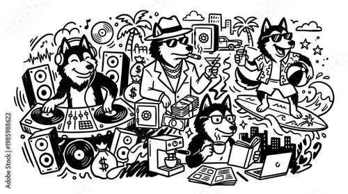 Black and White Line Art of Huskies Enjoying Wealthy Lifestyle