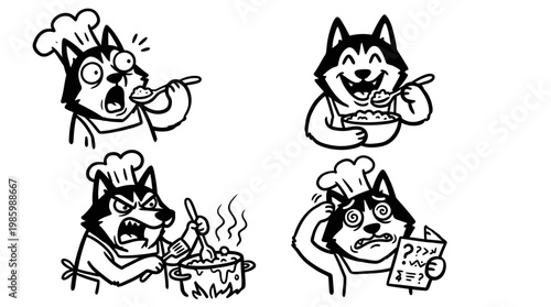 Black and White Line Art Husky Chef with Food Emotions