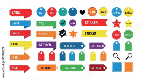 Vibrant Sticker Collection: A diverse collection of colorful stickers, tags, and labels, ideal for adding a touch of flair to your projects.