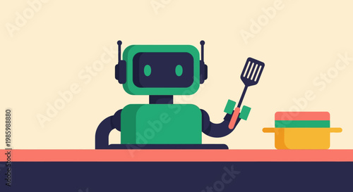 Green robot character holding a spatula and standing in front of a stove with cooking pots, illustrating automated cooking and kitchen technology