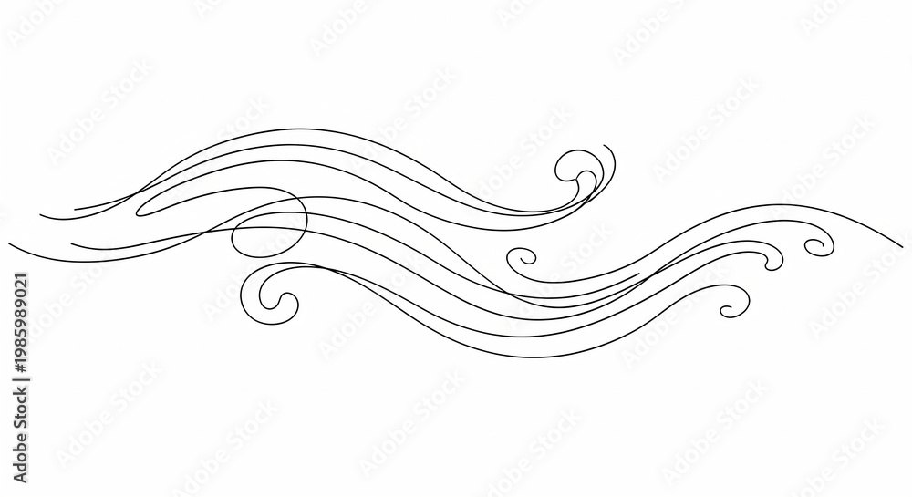 Fototapeta premium Elegant black line art swirls and waves flowing gracefully across a white background, evoking a sense of movement and fluidity.