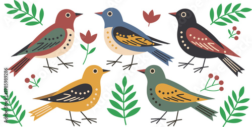 Five Colorful Folk Art Birds With Greenery Keywords: birds, folk art, illustration, colorful