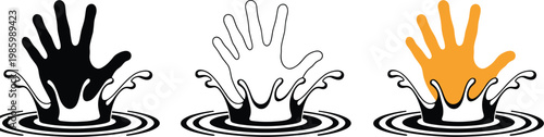 Hand Splash Icons In Black White And Orange Keywords: hand, splash, water, icon, symbol, black