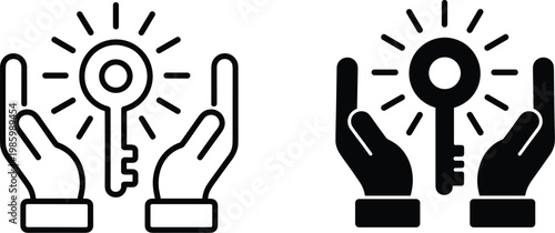Hands holding a glowing key icon in two styles Keywords: key, hands, holding, offering