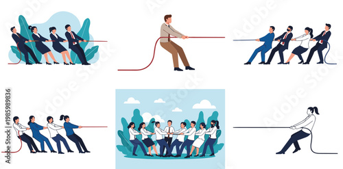 Business team tug of war competition vector illustration set with corporate people pulling rope teamwork rivalry and leadership concept scenes