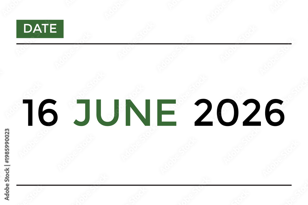 Fototapeta premium June 16, 2026 calendar with green color on white background