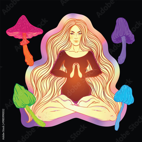 Vector illustration of a woman with mushrooms in a New Age psychedelic style. Concept of psilocybin, consciousness expansion, yoga, spirituality, and hippie culture with symbolic, colorful details.