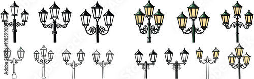 Classic street lamp silhouettes and colored lantern posts vector set with ornate vintage lighting elements urban design collection